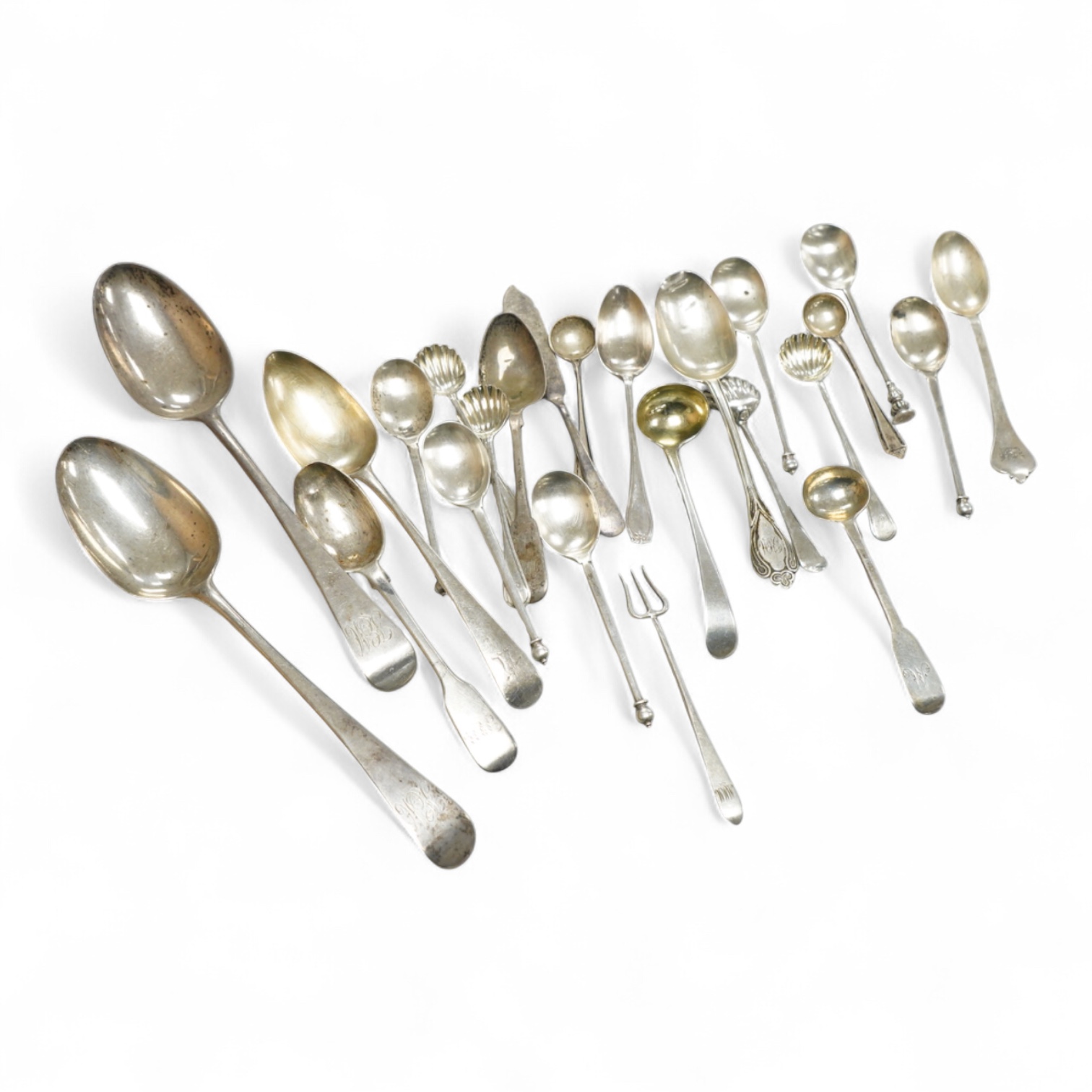 A collection of assorted 19th century and later silver flatware, including two George III table spoons, London, 1808 and 1804, various pattern, dates and makers, 13.1oz.